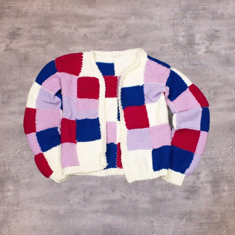 80s Checkered Thick Cream Cottage Retro Handmade Shawl Cardigan